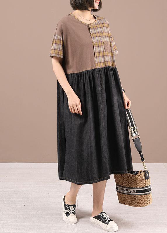 Plus Size Black Cotton Plaid Patchwork Summer Party Dresses - SooLinen