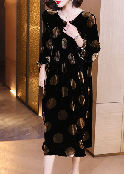 Plus Size Schwarzes Samtkleid mit Punktmuster, Frühling