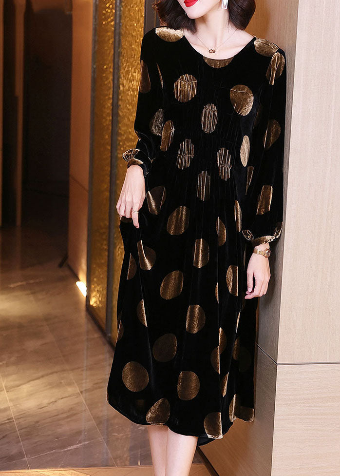 Plus Size Schwarzes Samtkleid mit Punktmuster, Frühling