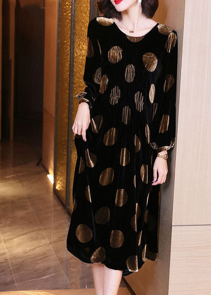 Plus Size Schwarzes Samtkleid mit Punktmuster, Frühling