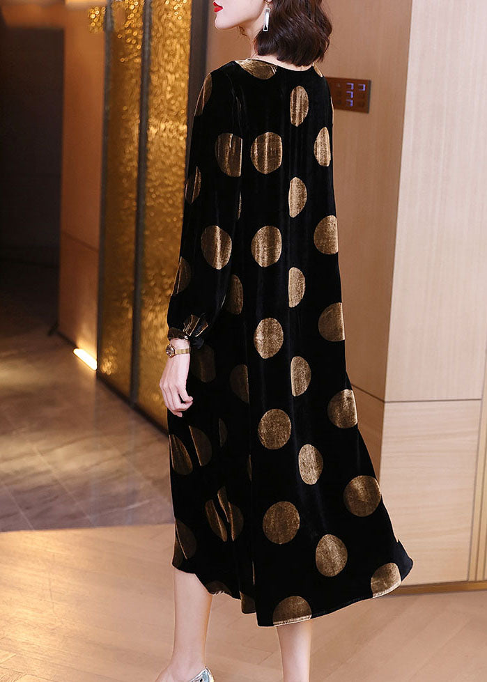 Plus Size Schwarzes Samtkleid mit Punktmuster, Frühling