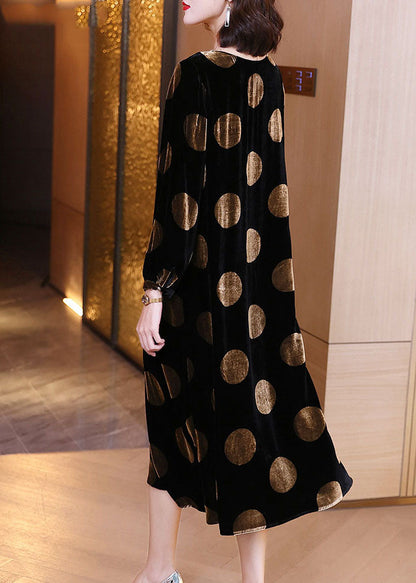 Plus Size Schwarzes Samtkleid mit Punktmuster, Frühling