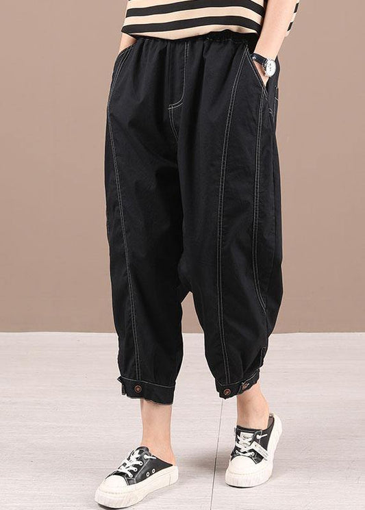 Plus Size Black Elastic Waist Pockets Harem Pants - SooLinen