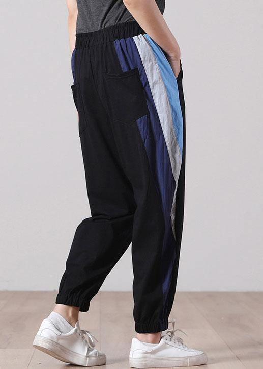 Plus Size Black Elastic Waist Pockets Sports Cotton  Pants - SooLinen