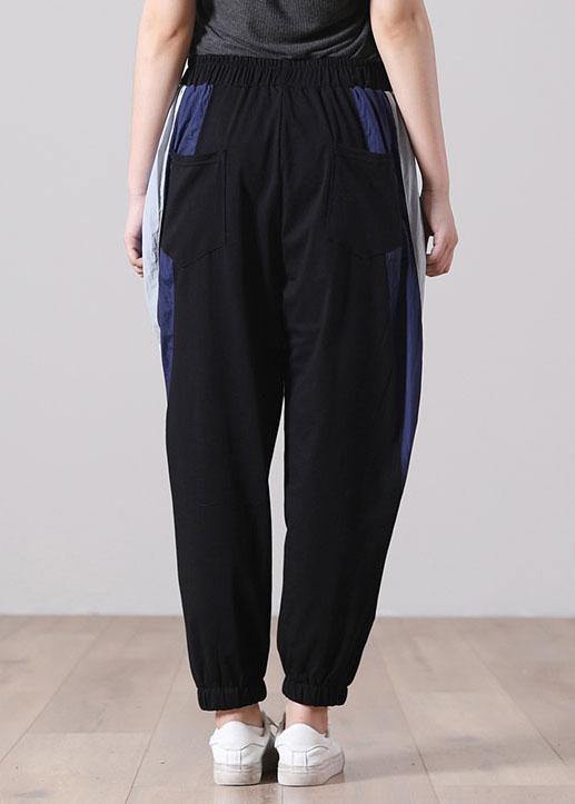 Plus Size Black Elastic Waist Pockets Sports Cotton  Pants - SooLinen