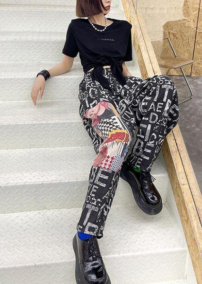 Plus Size Black Graphic High Waist Wide Leg Pants - SooLinen