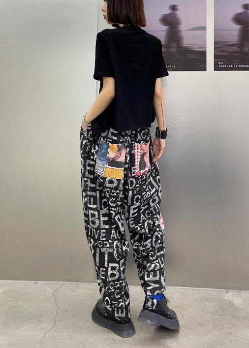 Plus Size Black Graphic High Waist Wide Leg Pants - SooLinen