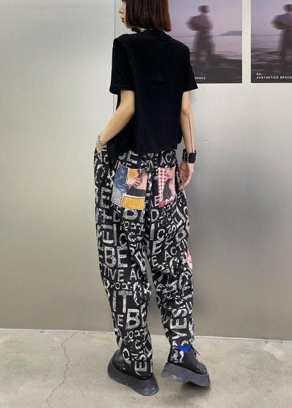 Plus Size Black Graphic High Waist Wide Leg Pants - SooLinen