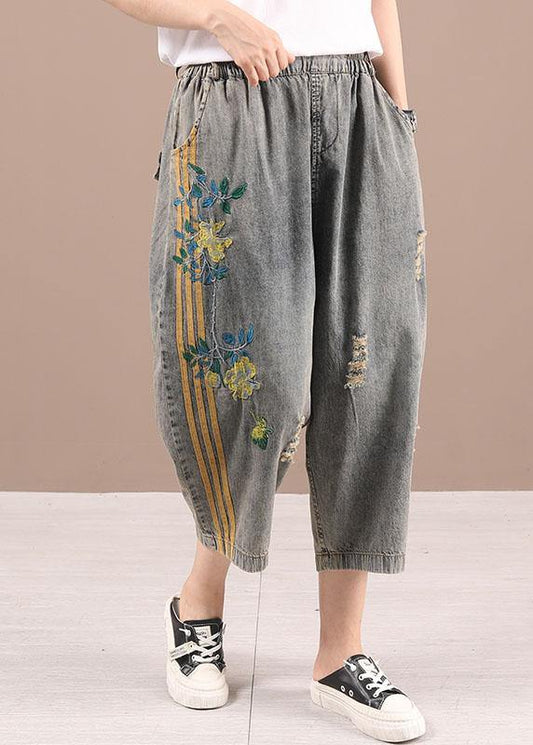 Plus Size Black Grey Elastic Waist Embroideried Jeans Pants - SooLinen