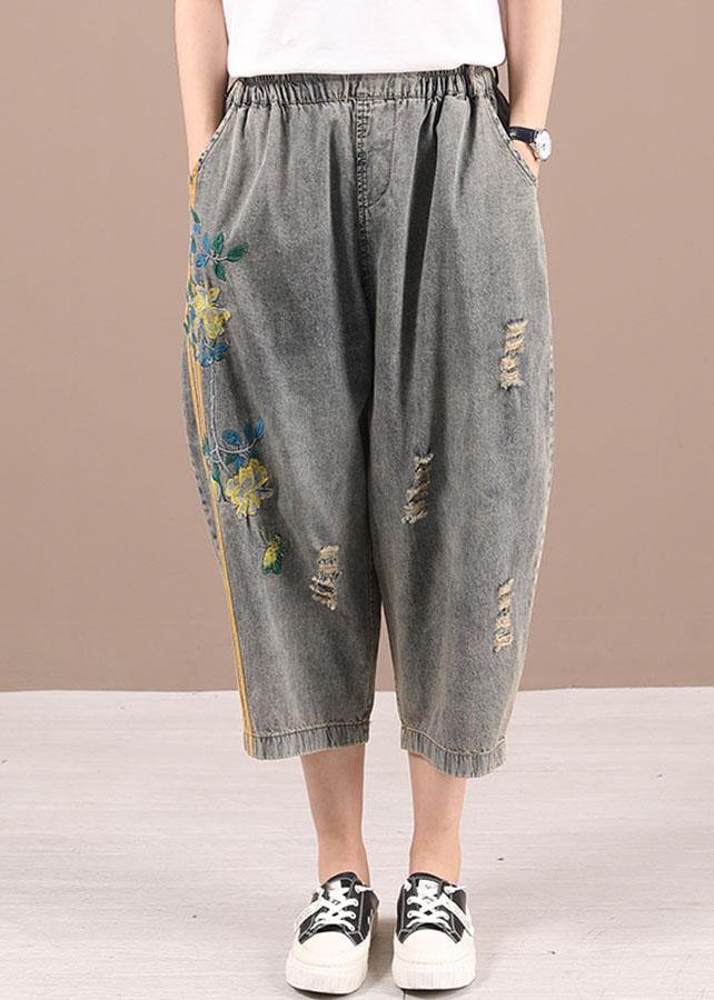 Plus Size Black Grey Elastic Waist Embroideried Jeans Pants - SooLinen