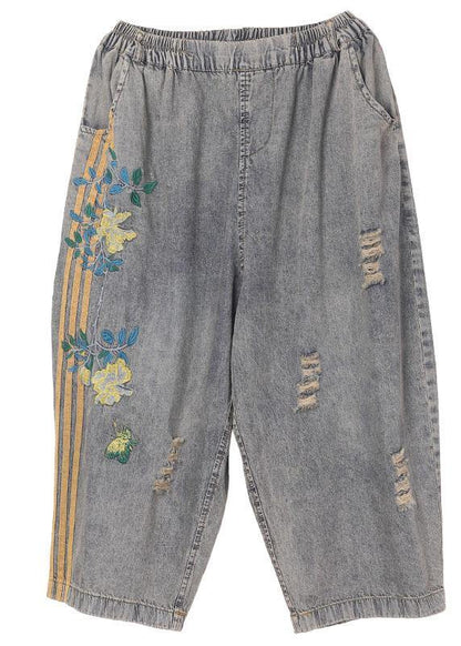 Plus Size Black Grey Elastic Waist Embroideried Jeans Pants - SooLinen