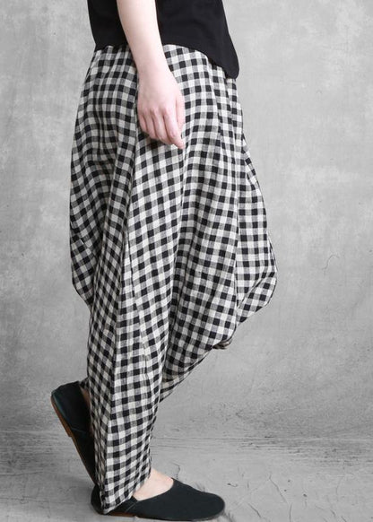 Plus Size Black Grey Plaid Harem Summer Pants - SooLinen