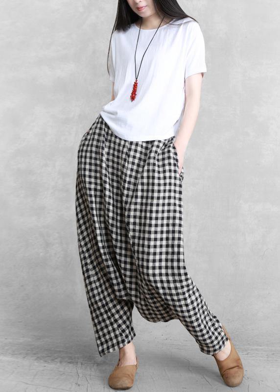 Plus Size Black Grey Plaid Harem Summer Pants - SooLinen