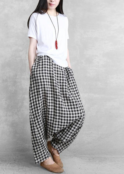 Plus Size Black Grey Plaid Harem Summer Pants - SooLinen