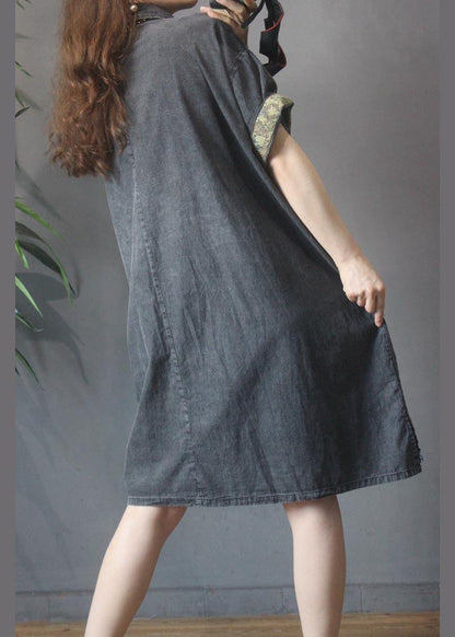 Plus Size Black Grey Turn-down Collar  Button Summer Maxi Dresses - SooLinen