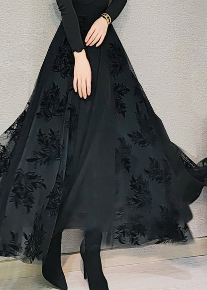 Plus Size Schwarz High Waist Drapierender Tüll Maxirock Frühling