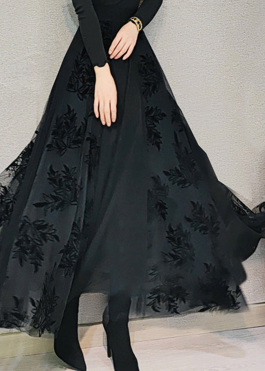 Plus Size Schwarz High Waist Drapierender Tüll Maxirock Frühling