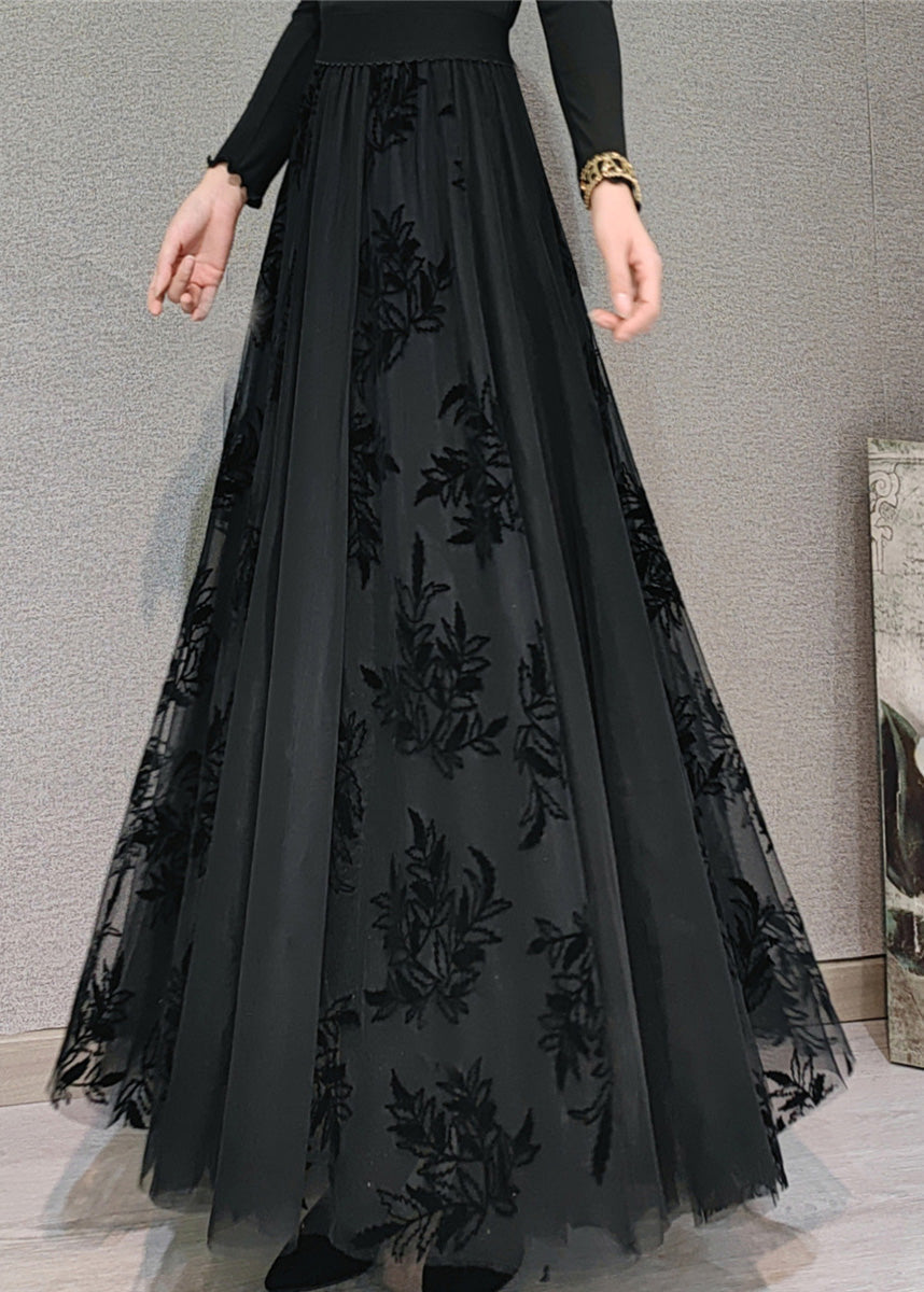 Plus Size Schwarz High Waist Drapierender Tüll Maxirock Frühling