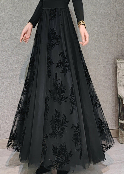 Plus Size Schwarz High Waist Drapierender Tüll Maxirock Frühling