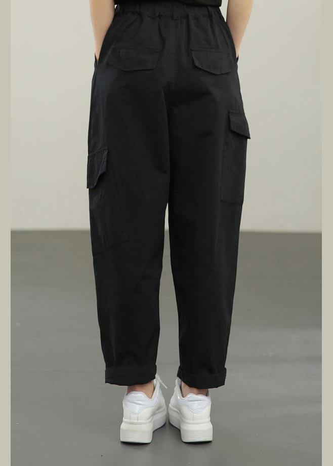 Plus Size Black High Waist pockets Pants Summer - SooLinen