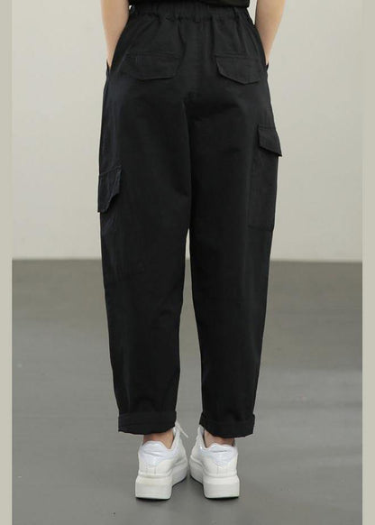 Plus Size Black High Waist pockets Pants Summer - SooLinen