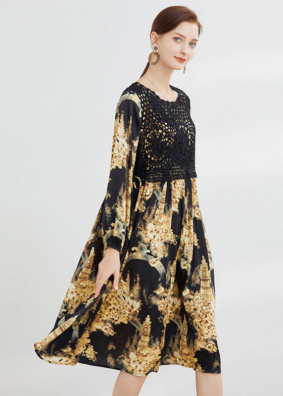 Plus Size Schwarzes Kleid mit Hohl-Print Frühling