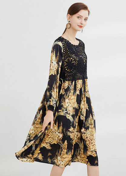 Plus Size Schwarzes Kleid mit Hohl-Print Frühling