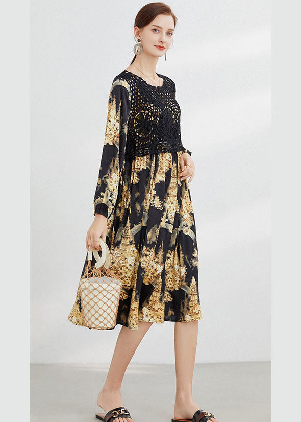 Plus Size Schwarzes Kleid mit Hohl-Print Frühling