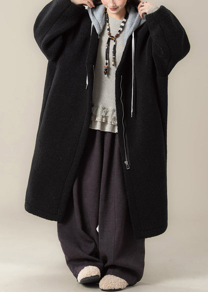 Schwarzer Teddy-Kunstpelzmantel in Übergröße mit Kapuze, Reißverschluss und Patchwork-Design, Winter