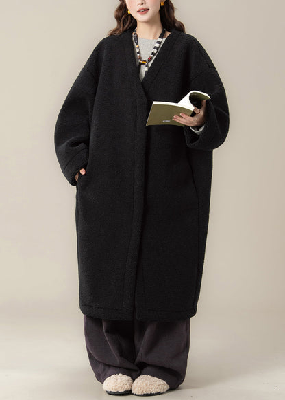 Schwarzer Teddy-Kunstpelzmantel in Übergröße mit Kapuze, Reißverschluss und Patchwork-Design, Winter