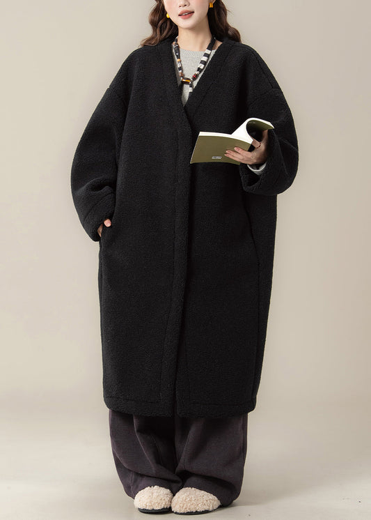 Schwarzer Teddy-Kunstpelzmantel in Übergröße mit Kapuze, Reißverschluss und Patchwork-Design, Winter