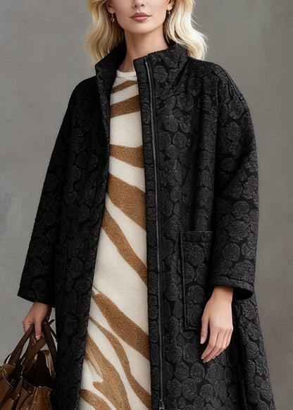 Plus Size Black Jacquard Zippered Pockets Cotton Filled Long Coats