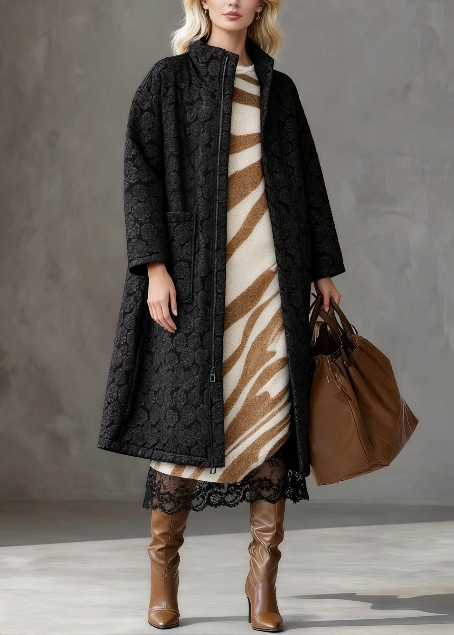Plus Size Black Jacquard Zippered Pockets Cotton Filled Long Coats