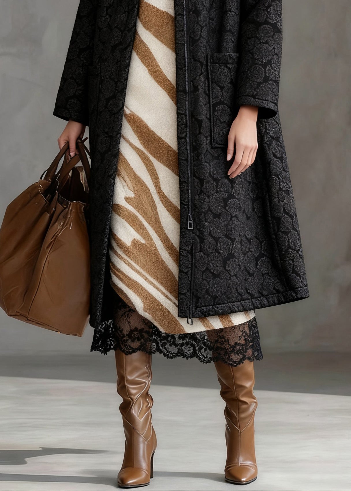 Plus Size Black Jacquard Zippered Pockets Cotton Filled Long Coats