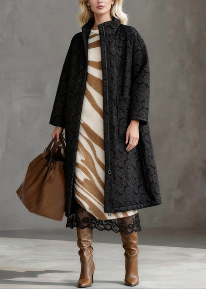 Plus Size Black Jacquard Zippered Pockets Cotton Filled Long Coats