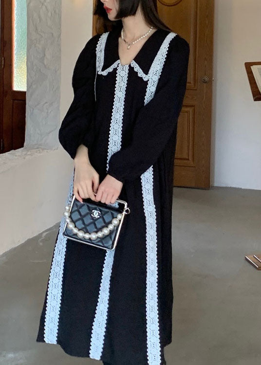 Plus Size Schwarzes Patchwork-Feiertagskleid aus Spitze für den Frühling