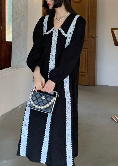 Plus Size Schwarzes Patchwork-Feiertagskleid aus Spitze für den Frühling