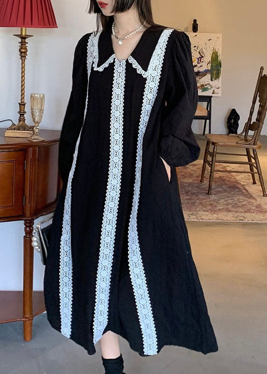 Plus Size Schwarzes Patchwork-Feiertagskleid aus Spitze für den Frühling