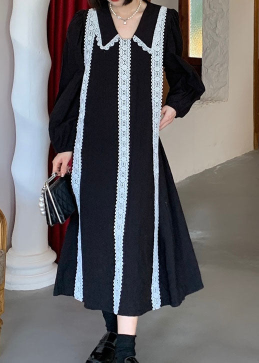 Plus Size Schwarzes Patchwork-Feiertagskleid aus Spitze für den Frühling