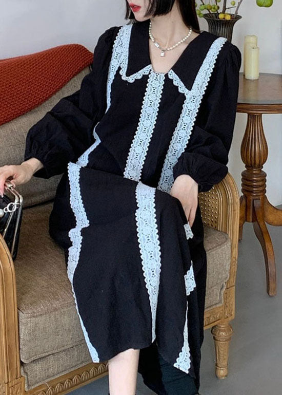 Plus Size Schwarzes Patchwork-Feiertagskleid aus Spitze für den Frühling