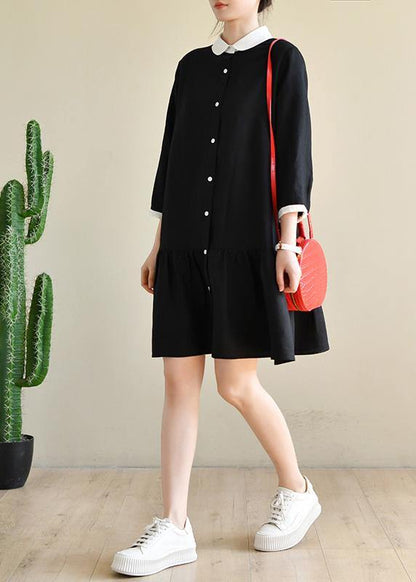 Plus Size Black Long sleeve Peter Pan Collar Patchwork Spring Cotton Dress - SooLinen