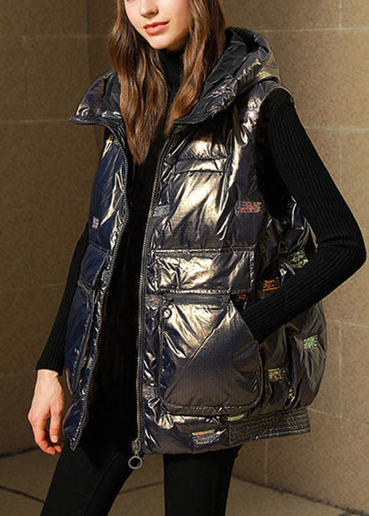 Plus Size Schwarze lockere warme Pailletten-Winter-Pufferweste ohne Ärmel