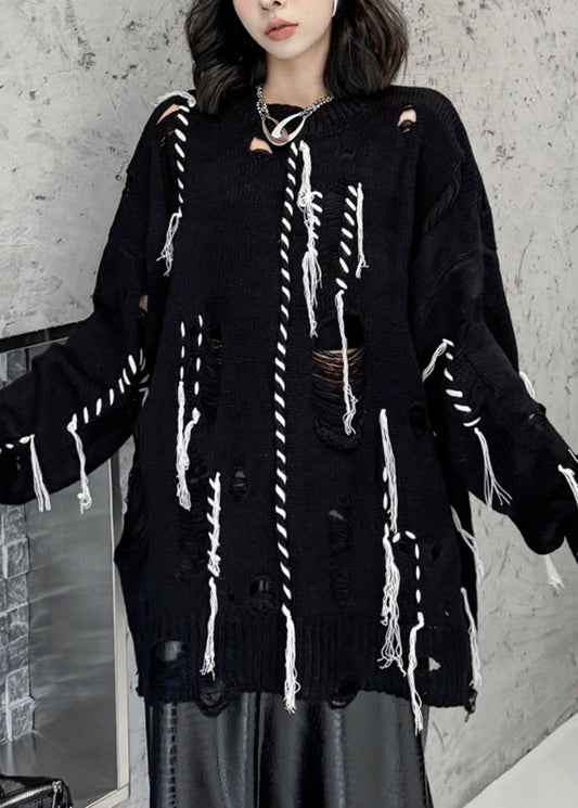 Schwarzer, kuscheliger Baumwollstrickpullover in Übergröße mit Rundhalsausschnitt – Herbst