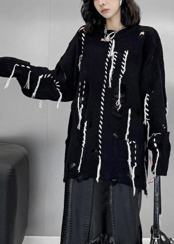 Plus Size Black O-Neck Hole Cozy Cotton Knit Sweater Tops Fall