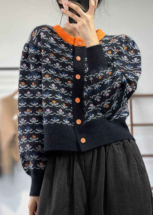 Plus Größe Schwarz O-Ausschnitt Jacquard Patchwork Strick Cardigans Winter