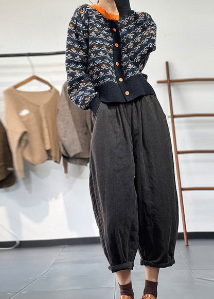 Plus Größe Schwarz O-Ausschnitt Jacquard Patchwork Strick Cardigans Winter