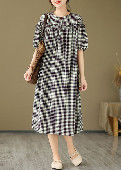 Plus Size Schwarz O Neck Plaid Rüschen Patchwork Baumwolle Kleid Sommer