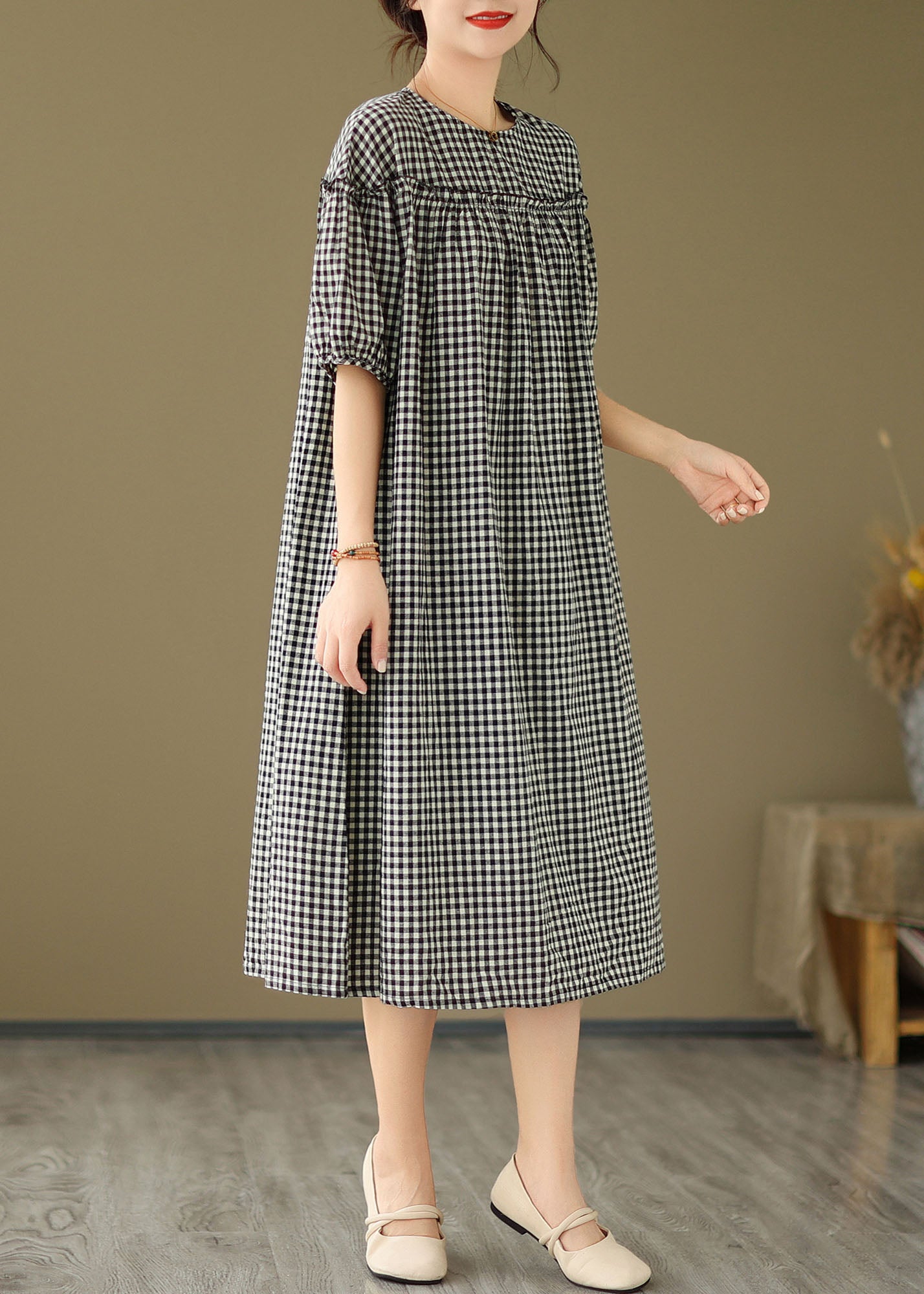 Plus Size Schwarz O Neck Plaid Rüschen Patchwork Baumwolle Kleid Sommer