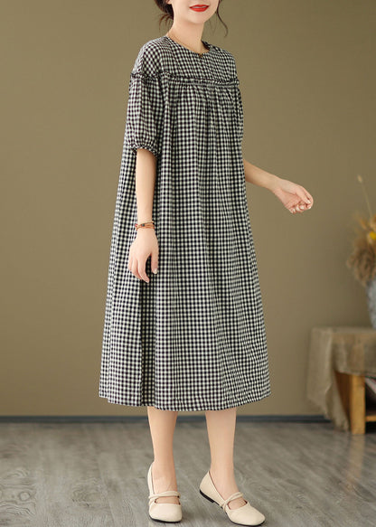 Plus Size Schwarz O Neck Plaid Rüschen Patchwork Baumwolle Kleid Sommer