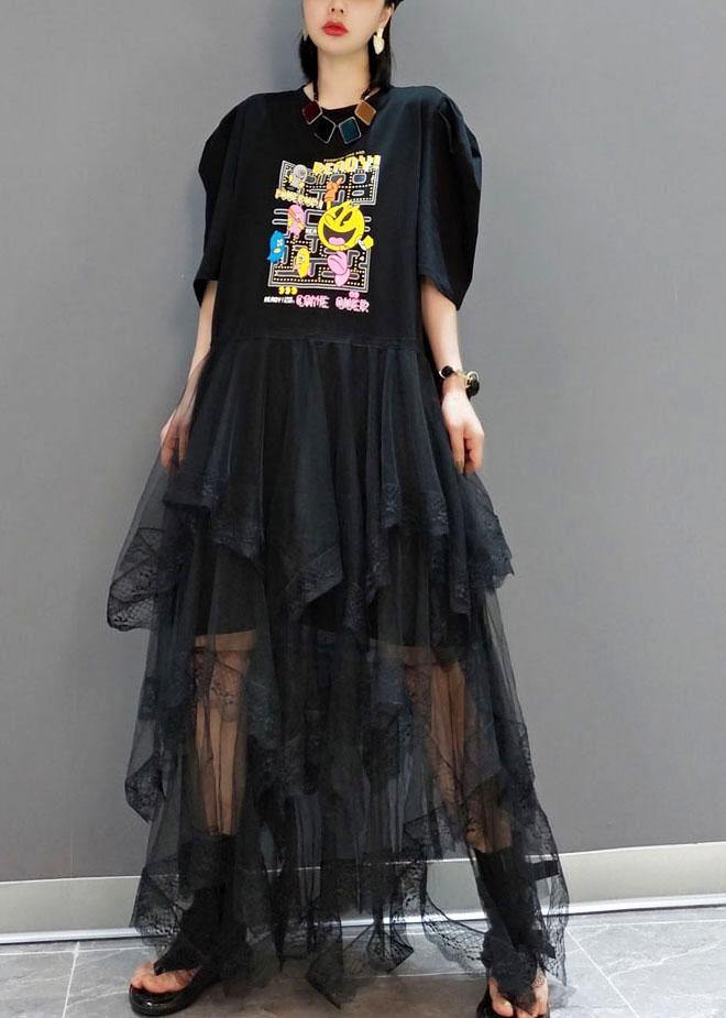 Plus Size Black O-Neck Print Half Sleeve Fall Dresses - SooLinen